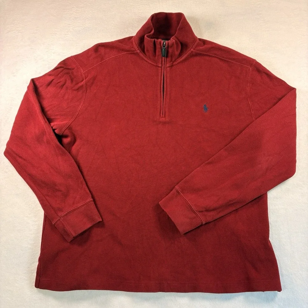 Polo Ralph Lauren Vtg Men's 1/4 Zip Pullover Sweater Red Size Large Blue Pony